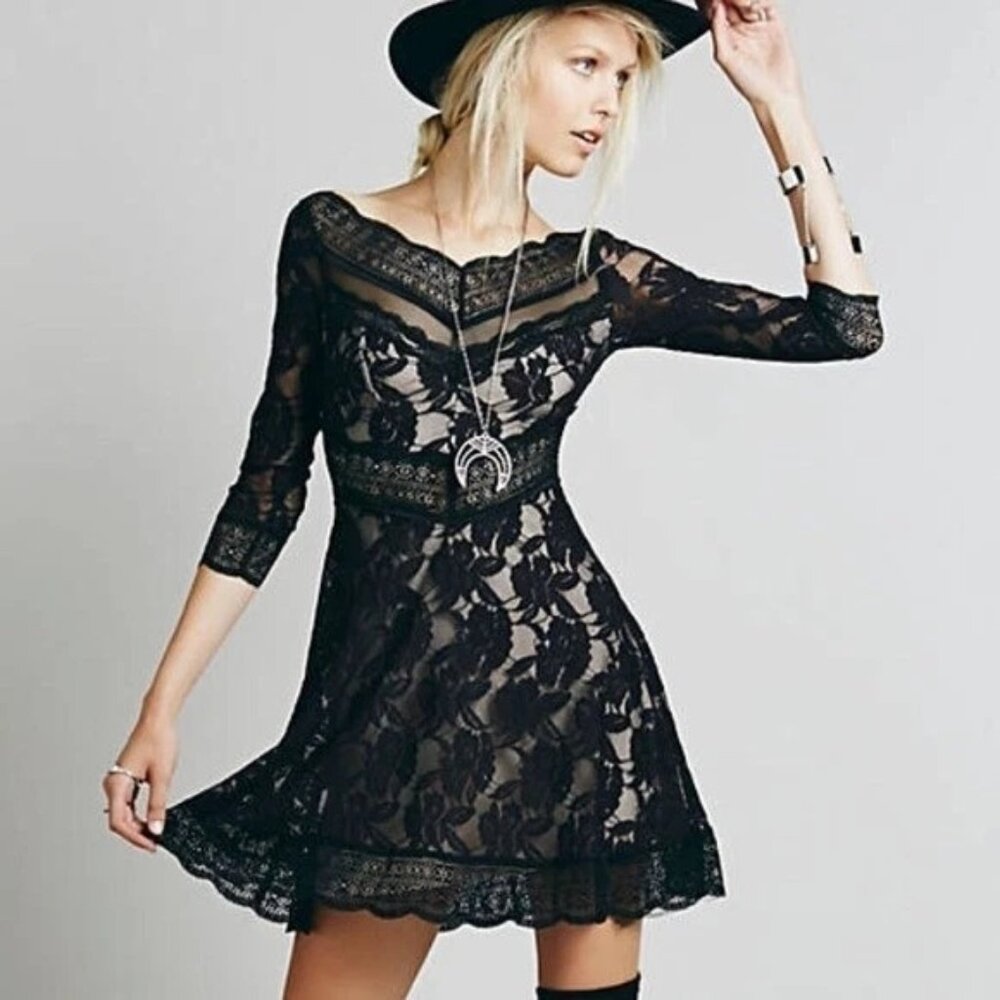 Free People Lacey Affair Black Lace Boho Dress Medium